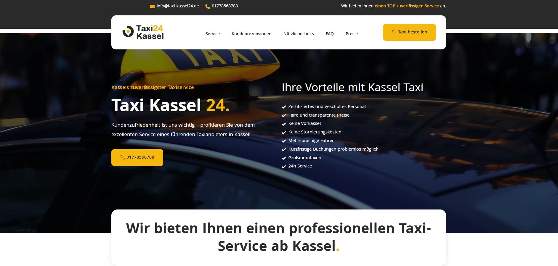 Screenshot der Website taxi-kassel24.de – Taxiunternehmen in Kassel